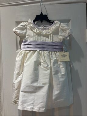 NWT Laura Ashley White Dress with Lavender Sash and sleeve piping